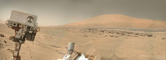 Curiosity appears to be photobombing Mount Sharp in this selfie image, a mosaic created from several MAHLI images. Credit: NASA/JPL-Caltech/MSSS/Edited by Jason Major. 