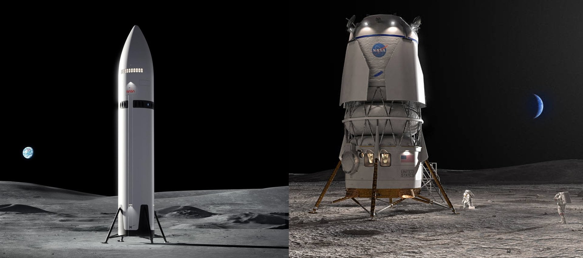 Artist's impression of the Starship and Blue Moon Human Landing System (HLS) concepts on the lunar surface. Credit: SpaceX/Blue Origin