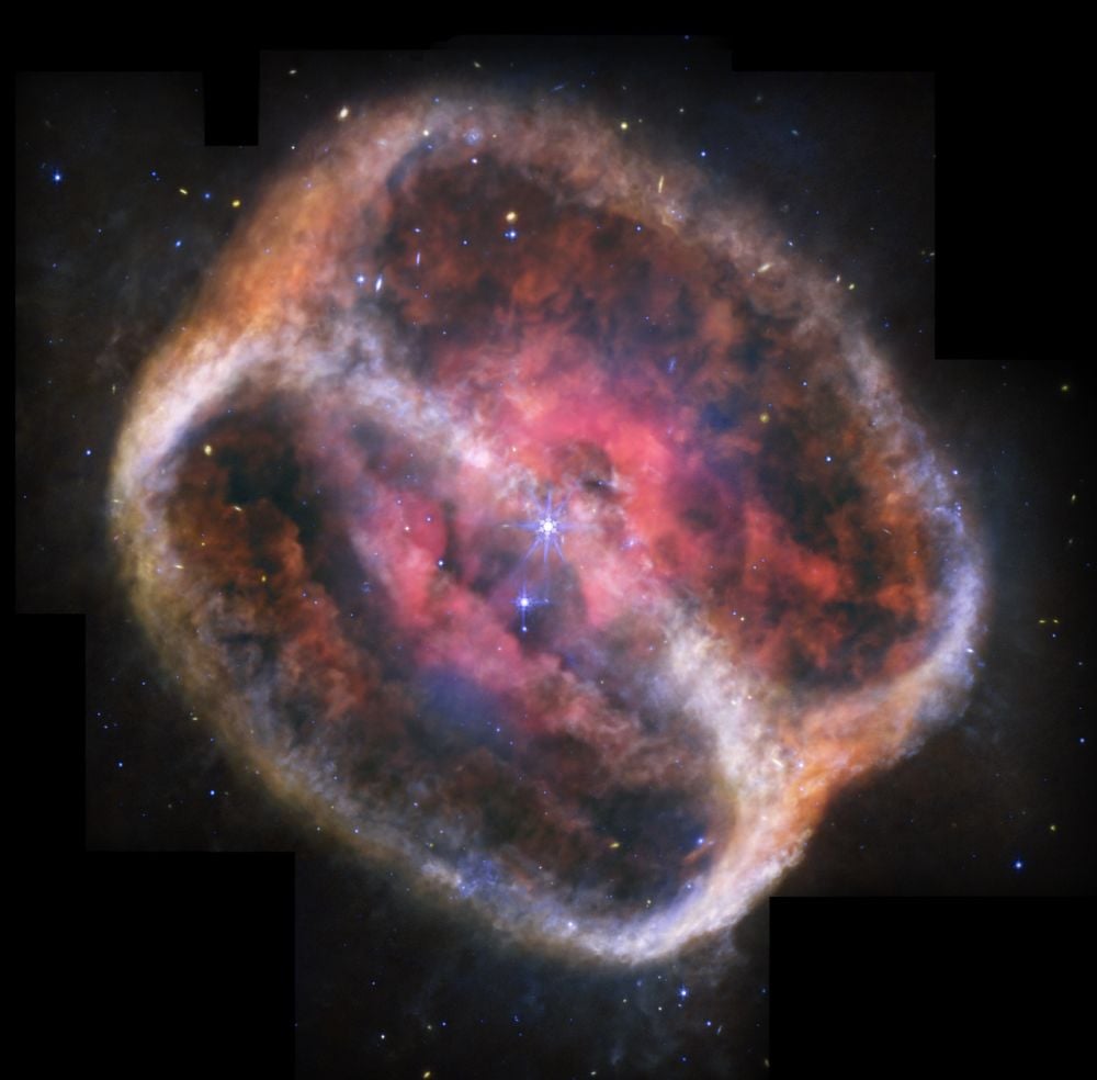 The JWST's infrared image of NGC 1514 shows a pair of rings that aren't seen in optical images. Image Credit: By Image: NASA, ESA, CSA, STScI, Michael Ressler (NASA-JPL), Dave Jones (IAC) - Planetary Nebula NGC 1514 (MIRI Image), Public Domain, https://commons.wikimedia.org/w/index.php?curid=163580365