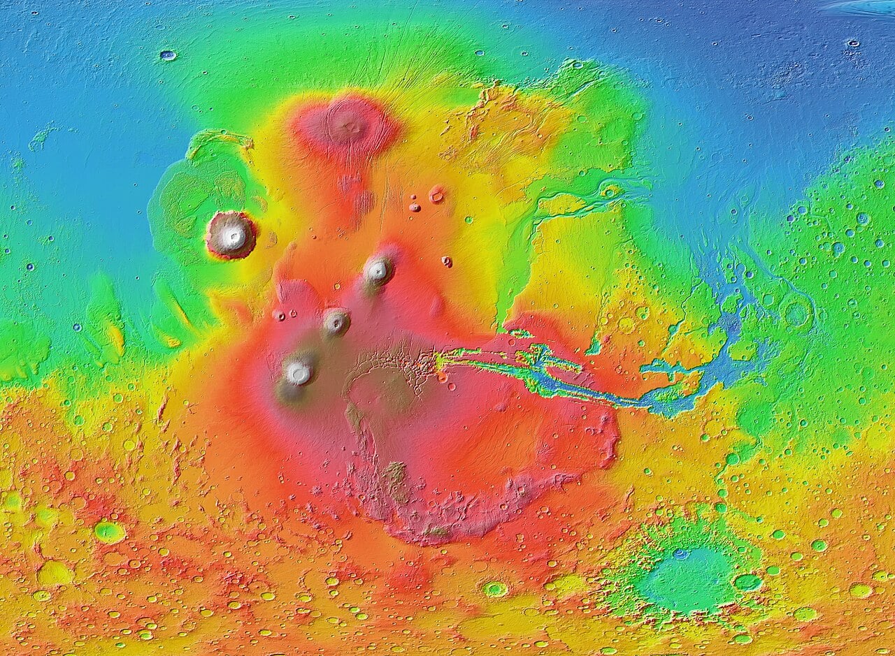 Mars Orbiter Laser Altimeter (MOLA) colorised topographic map of the western hemisphere of Mars, showing the Tharsis region of volcanoes (Credit : NASA / JPL-Caltech / Arizona State University)