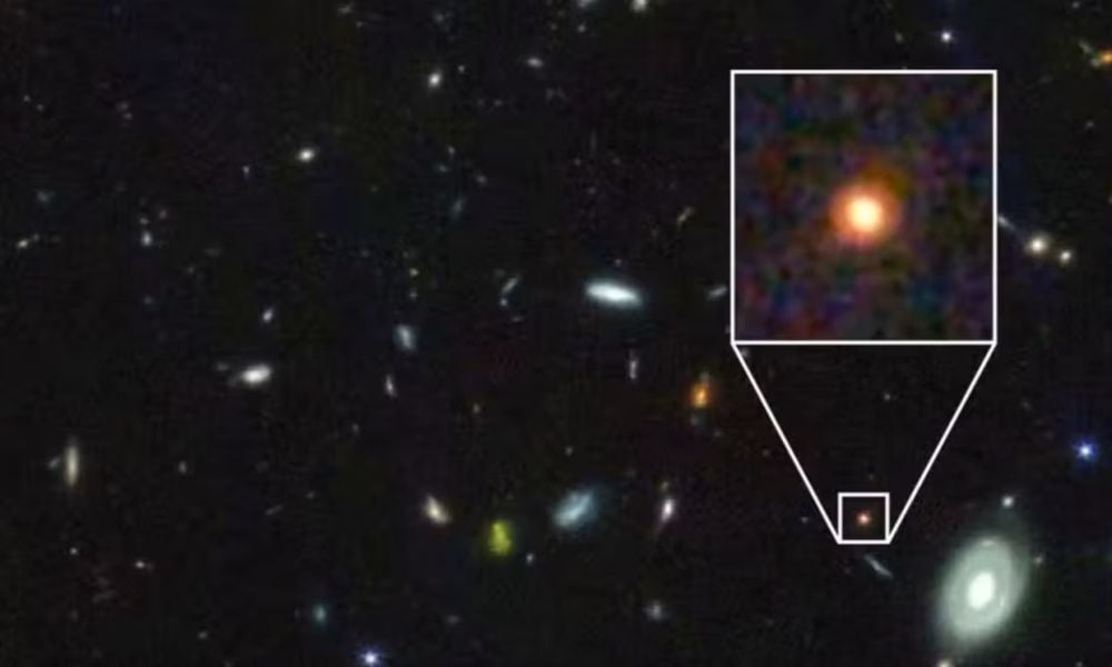 This is GS-9209, discovered by the JWST. It's a massive quenched galaxy that ceased star formation only about 1.25 billion years after the Big Bang. Image Credit: NASA/ESA/CSA JWST