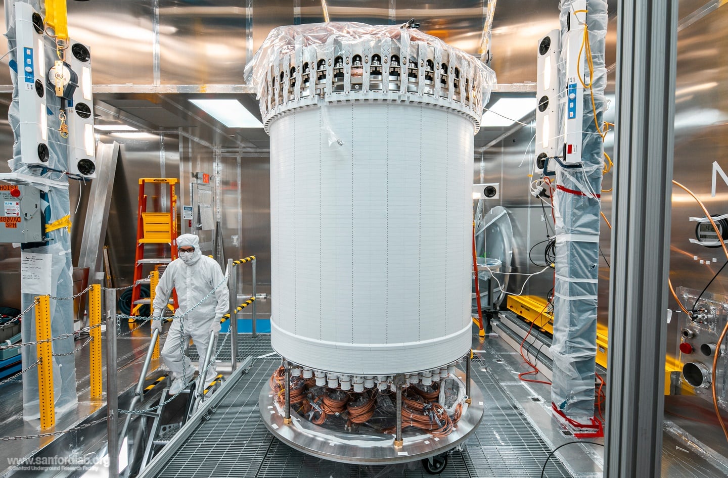 The LUX-ZEPLIN dark-matter experiment's main detector sits in a surface lab before its installation underground. (Credit: Matthew Kapust / Sanford Underground Research Facility)