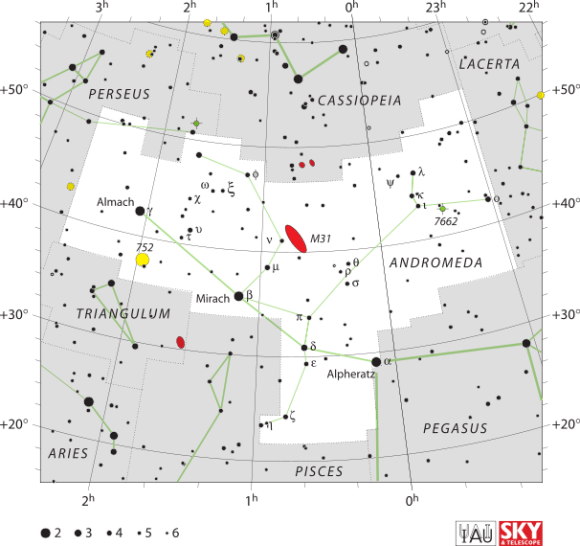 The Andromeda constellation, as shown on the IAUs chart. Credit: or IAU and Sky & Telescope magazine (Roger Sinnott & Rick Fienberg)