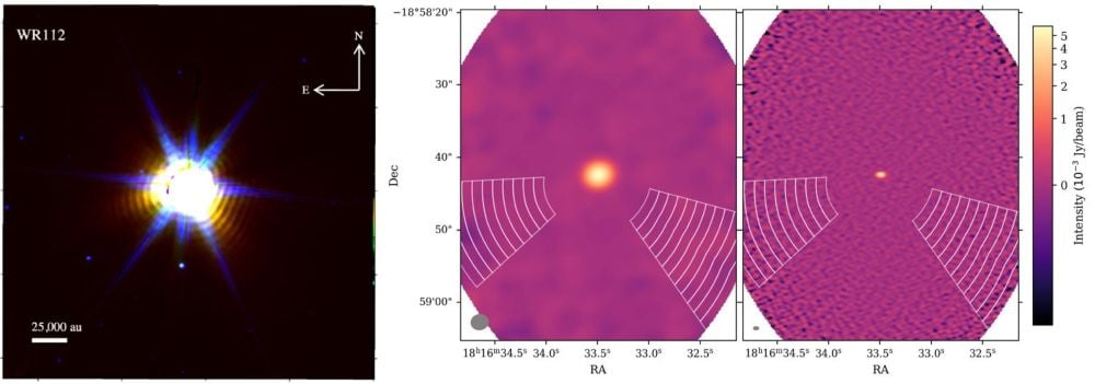 The image on the left shows large concentric dust structures around WR 112 as observed by the JWST. In the image on the right, the white segments show different ALMA apertures matched to those dusty arcs. Image Credit: Wu et al. 2026. ApJ