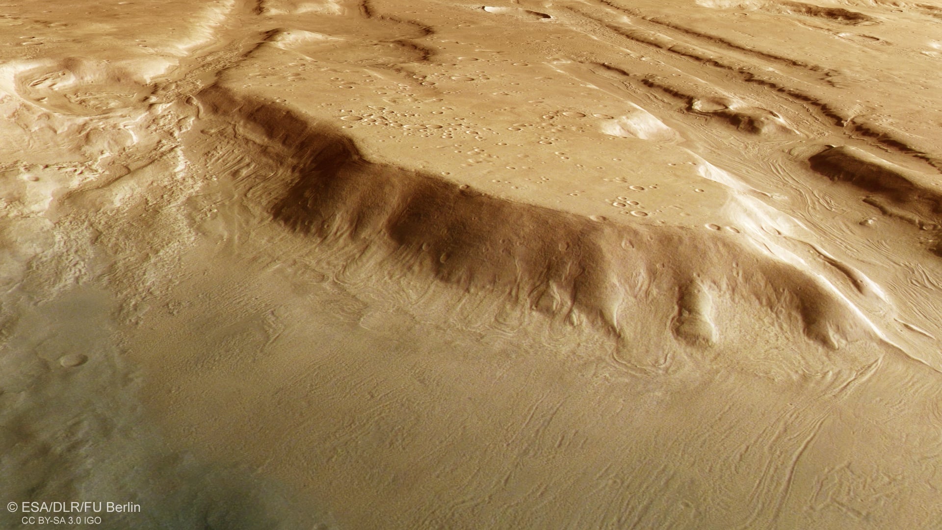 View generated from the digital terrain model and the nadir and colour channels of the High Resolution Stereo Camera on ESA’s Mars Express. Credit: ESA/DLR/FU Berlin