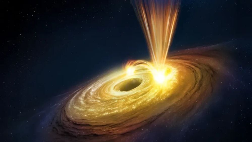 This artist's illustration shows a sudden outburst of matter near the supermassive black hole in the barred spiral galaxy NGC 3783. The ejected material reached speeds up to 20% of the speed of light. Contrary to most of these types of outburst, this one wasn't generated by powerful radiation. Instead, it's likely due to sudden changes in the SMBHs magnetic fields. It's more similar to the Sun's outbursts, which generate solar flares. Image Credit: ESA.
ACKNOWLEDGEMENTS: ATG Europe. LICENCE: CC BY-SA 3.0 IGO or ESA Standard Licence