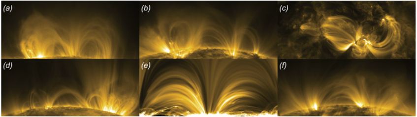 Images a to d, and f, are AIA images that highlight a particular part of a coronal loop. E is an image from the MURaM simulation. Image Credit: Malanushenko et al. 2022.