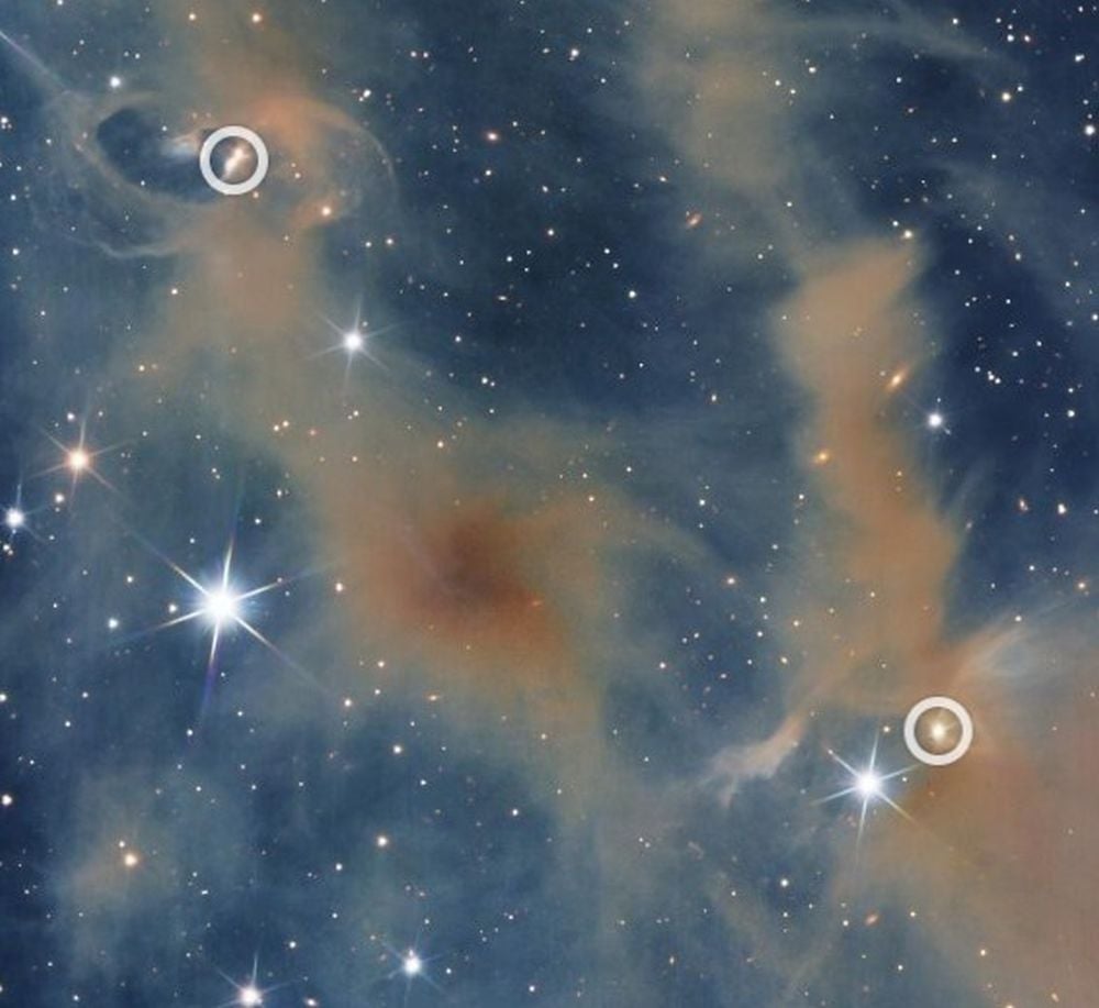 This zoomed-in portion of the image shows how detailed Euclid's images are. It shows a pair of YSOs and their outflows. The star in the bottom right has cleared two cone-shaped regions to the left and right of it, and is spewing a jet of material through the centre of these cones. The jet's lumpy structure indicates that its magnetic field changes periodically. Image Credit: ESA/Euclid/Euclid Consortium/NASA, image processing by M. Schirmer (MPIA, Heidelberg). LICENCE: CC BY-SA 3.0 IGO or ESA Standard Licence