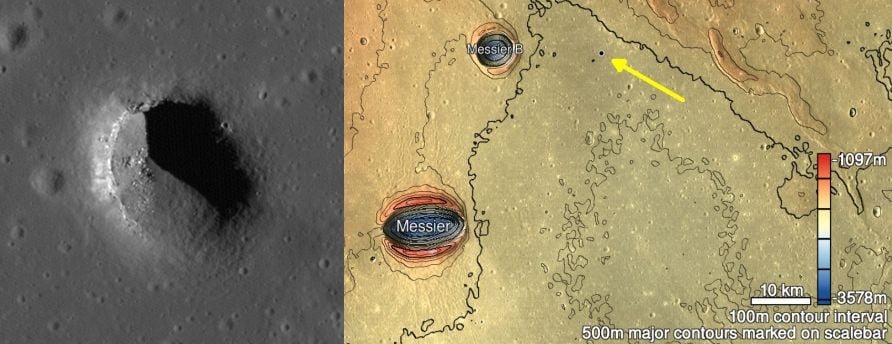 On the left is an LRO image of a pit in the center of Mare Fecunditatis, and on the right is a context map showing the pit with a yellow arrow. This is just one of the pits begging to be explored. Image Credit: NASA/LRO