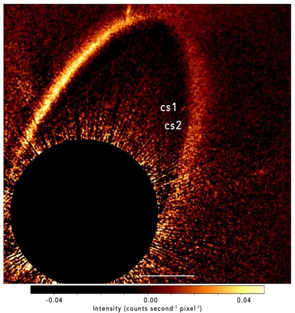This figure is a composite image of the 2012, 2013, and 2023 observations. It shows the relative positions of cs1 and cs2 (white labels) a decade apart. Image Credit: Kalas et al. 2025. Science. https://doi.org/10.1126/science.adu6266