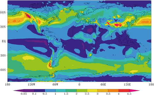 This figure from the study shows the deposition of meteor-ablated phosphorus over the Earth. Note the larger amounts (red) over the northern Rocky Mountains, the southern Andes, and the Himalayas. Image Credit: Plane et al 2021.