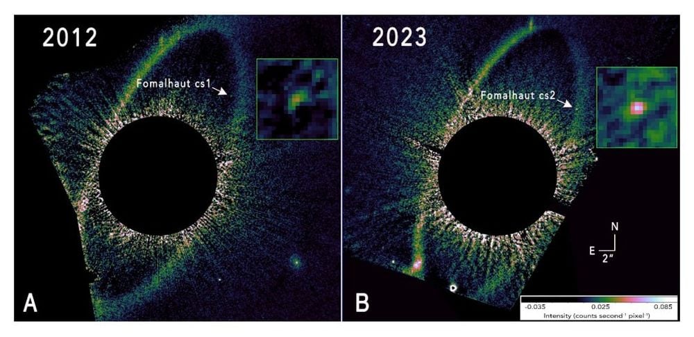 This figure shows optical images of the Fomalhaut system in 2012 and 2023 from the Hubble Space Telescope. A coronagraph blocks out the starlight. Cs1 appears in the 2012 image but not in the 2023 image. However, cs2 appears in the second image. Image Credit: Kalas et al. 2025. Science. https://doi.org/10.1126/science.adu6266