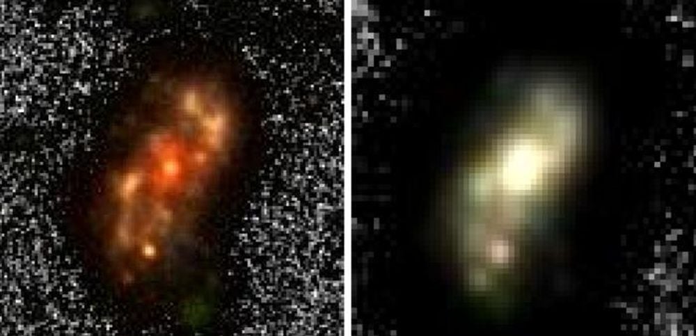 The image on the left was obtained with near-UV filters, while the image on the right was obtained with optical filters. The image on the left highlights star-forming regions, where young stars emit copious amounts of UV radiation. The image on the right highlight the galaxy's central disk. Image Credit: NASA/CSA/ESA, Rashi Jain (NCRA-TIFR)