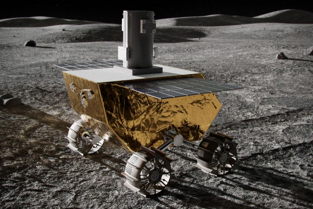 Artist’s impression of the Lunar Vertex rover on the surface of the Moon. The rover is about 14 inches (35 centimeters) tall; the cylinder on top is the mast for the APL-built magnetometer.
Credit: Johns Hopkins APL/Lunar Outpost/Ben Smith