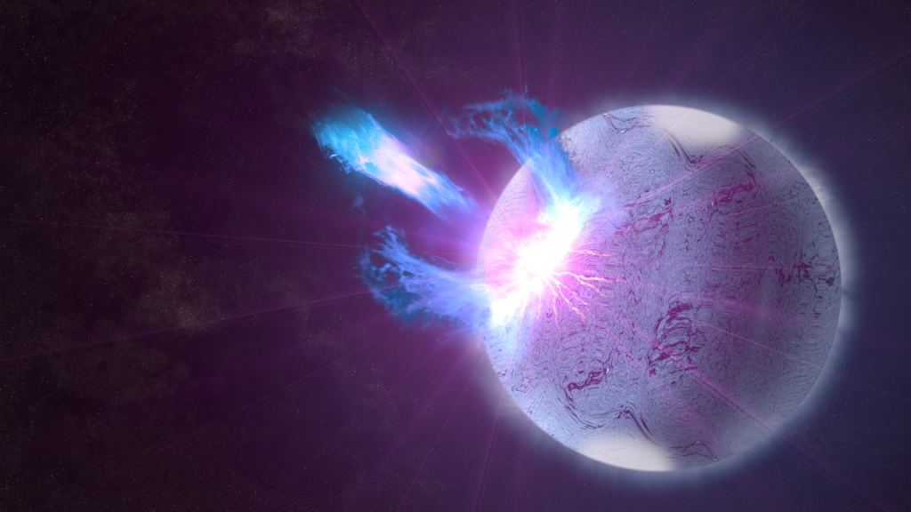 One hypothesized source of Fast Radio Bursts is magnetars, pulsars with extremely strong magnetic fields. In this illustration, magnetar's crust is rupturing, causing a high-energy eruption. Image Credit: NASA's Goddard Space Flight Center/S. Wiessinger