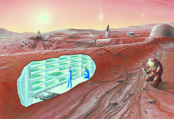 Artist impression of a Mars settlement with cutaway view. Credit: NASA Ames Research Center