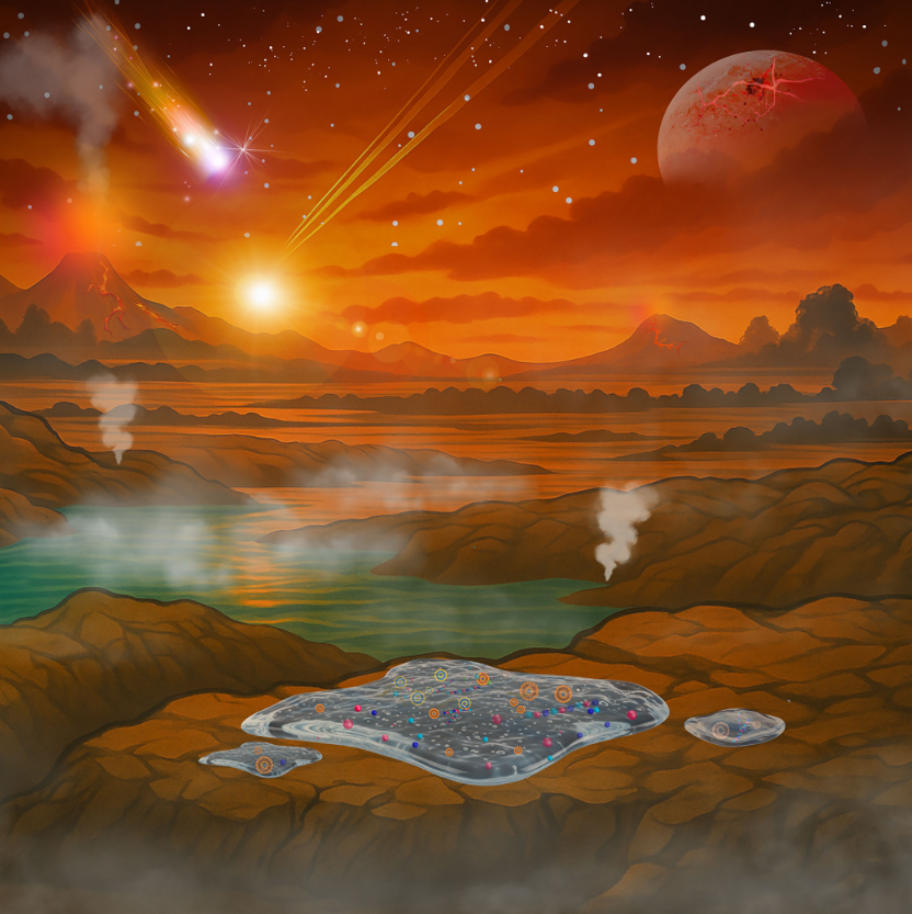 Could life on Earth have begun in surface-bound gels that predated the first cells? Credit: ChemSystemChem/Khanum, et al. (2025)