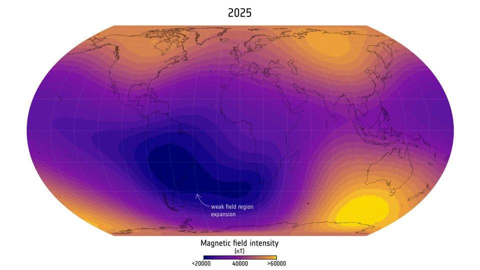 The South Atlantic Anomaly in 2025. Credit: ESA/Swarm