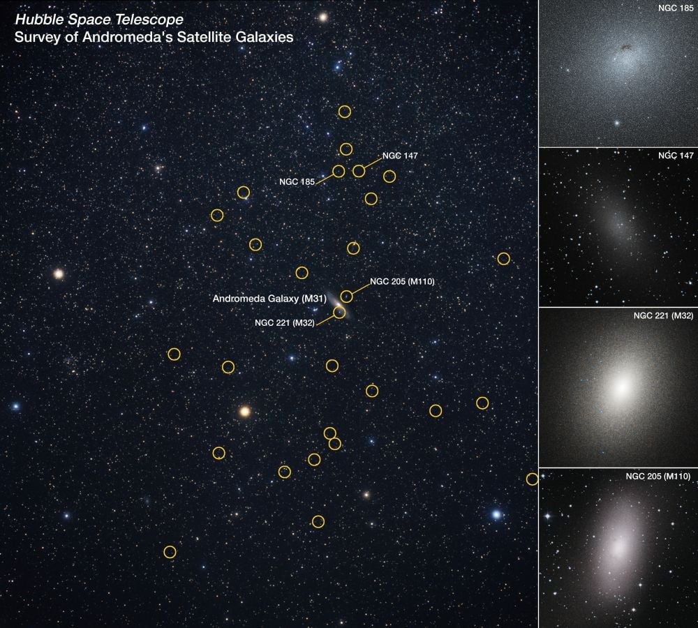 This wide-angle view shows the distribution of known satellite galaxies orbiting the Andromeda galaxy (M31), located 2.5 million light-years away. 36 of the smaller galaxies are shown, circled in yellow. The most prominent dwarf galaxy is M32 (NGC 221), a compact ellipsoidal galaxy that might be the remnant core of a larger galaxy that collided with Andromeda a few billion years ago. Image Credit: NASA, ESA, A. Savino (UC Berkeley), J. DePasquale (STScI), A. Fujii DSS2. LICENCE: CC BY 4.0 INT or ESA Standard Licence