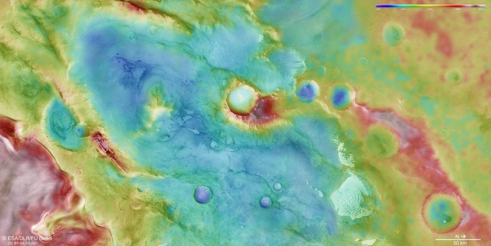 This topographic map of the region shows how tall Thyles Rupes is, more than 1 km high. Image Credit: ESA/DLR/FU Berlin. Licence: CC BY-SA 3.0 IGO or ESA Standard Licence