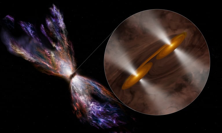 Artist's rendition of the birth of twin stars in the HOPS-312 system. Credit - NSF/AUI/NSF NRAO/B. Saxton