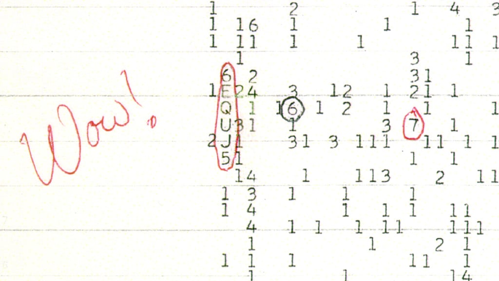 The Wow! signal represented as "6EQUJ5" which articulates the signal strength (Credit : Big Ear Radio Observatory)