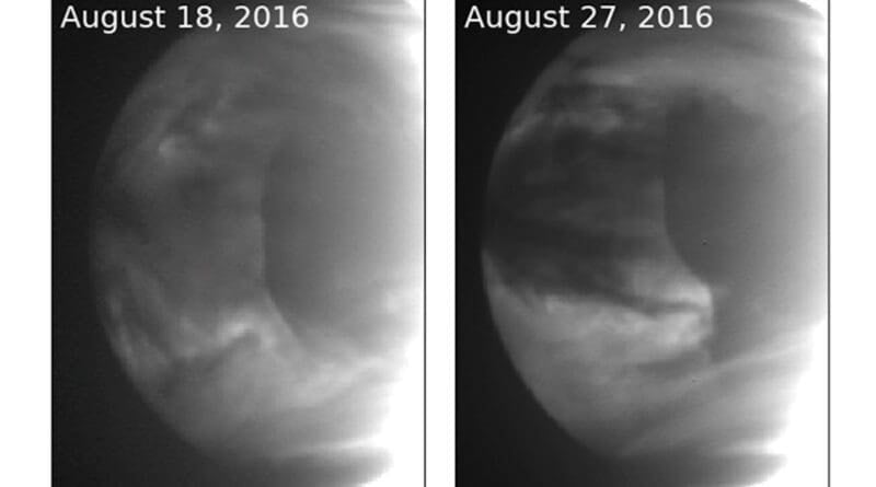 These images of Venus were taken Aug. 18 (left) and Aug. 27 (right), 2016, by the near infrared camera on Japan’s Akatsuki Venus probe, show the clear line of denser (darker) clouds moving across the planet (Credit: T. Imamura, Y. Maejima, K. Sugiyama et al.)