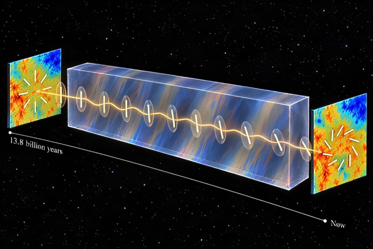 Visualization of the rotation of E-modes to B-modes by cosmic birefringence. Credit: Anto Lonappan and Brian Keating, made with AI assistance.