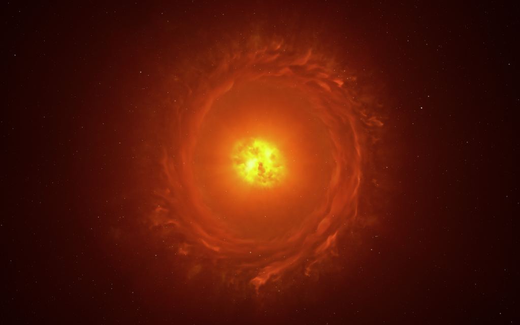 This artist's reconstruction shows the star's main features. The star is surrounded by an egg-shaped dust cocoon, with a wider ring or torus of dust. Astronomers are less certain about the shape and size of the outer ring, which requires more observations for clarity. Image Credit: ESO/L. Calçada