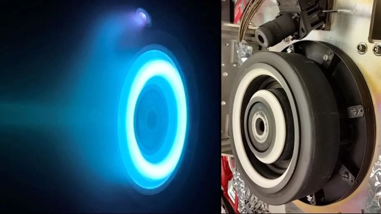 Example of an electric propulsion thruster (this image features an electric Hall thruster) that could be used to send humans to Mars one day. (Credit: NASA/JPL-Caltech)
