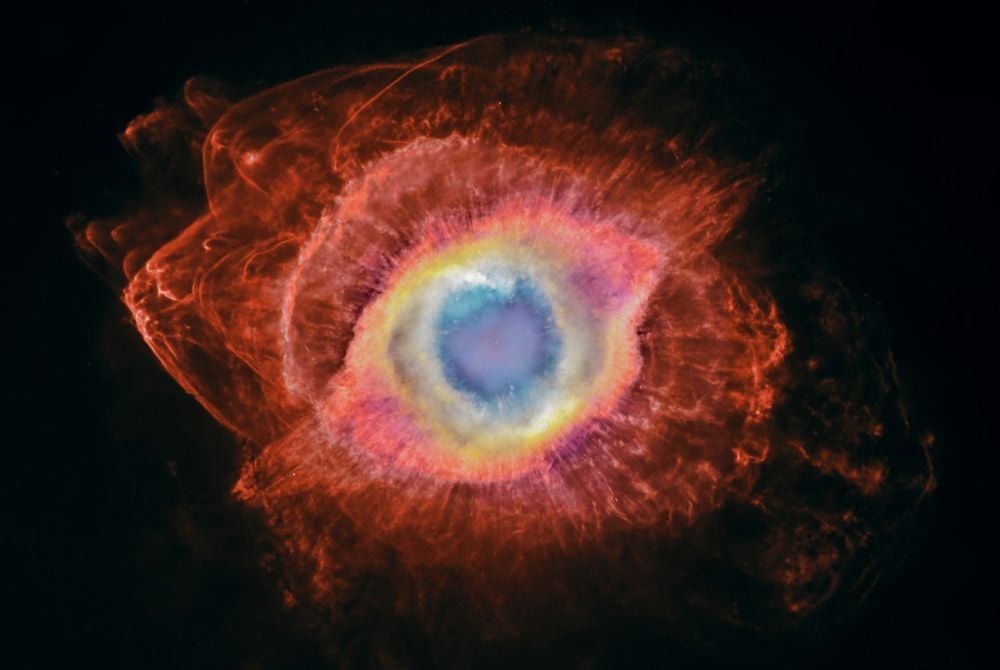 This is the Helix Nebula as captured by the MOTHRA telescope, combined with data from the Hubble Space Telescope and the Kitt Peak 4m telescope. New observations revealed more detail in the planetary nebula, showing where material cast-off from the star that created the nebula is being stripped down and recycled. Image Credit: Credit for the previous data: NASA, ESA, C. R. O&rsquo;Dell (Vanderbilt University) and M. Meixner, P. McCullough and G. Bacon (Space Telescope Science Institute). Credit for the combination of MOTHRA, Hubble and Kitt Peak data: Andrew McCarthy