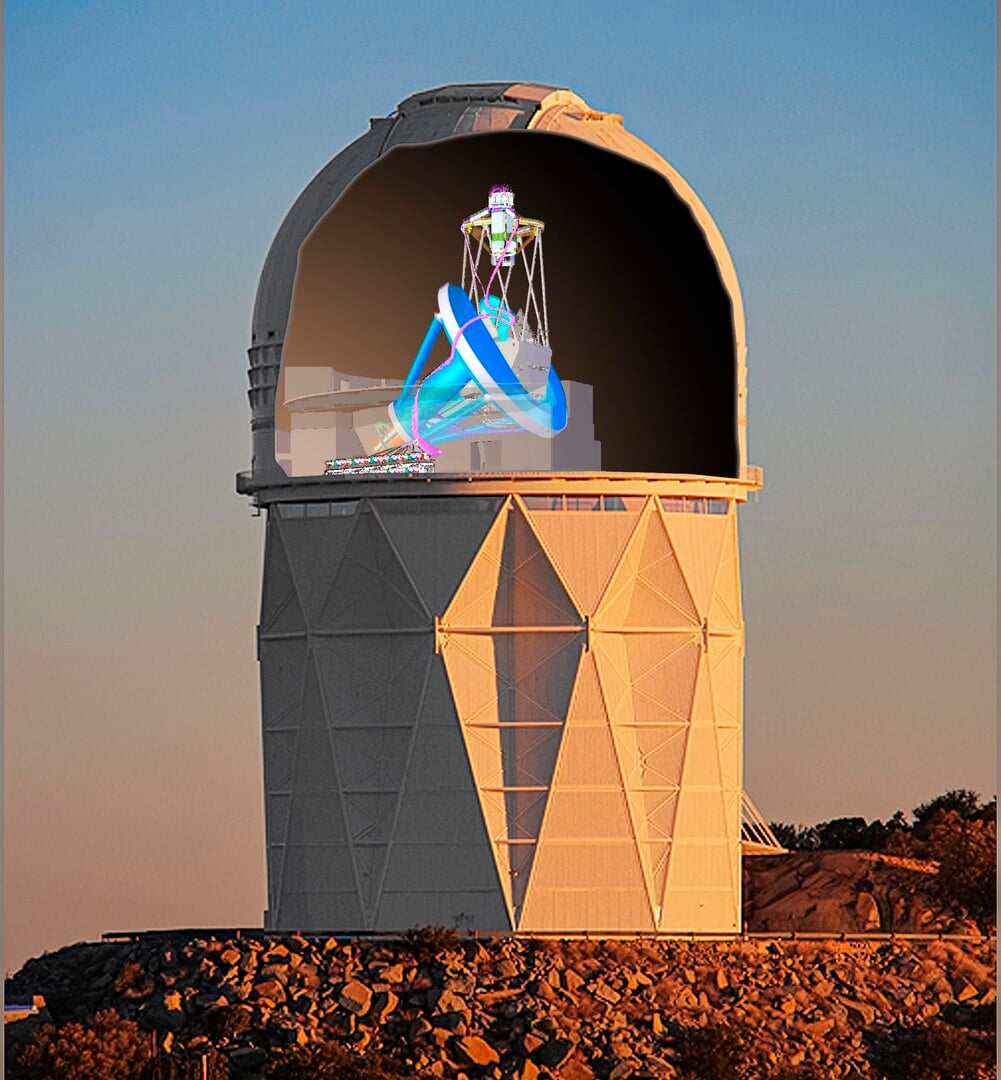 DESI in the dome of the Nicholas U. Mayall 4-metre Telescope at the Kitt Peak National Observatory (Credit : Lawrence Berkeley National Lab/KPNO/NOIRLab/NSF/AURA - DESI)