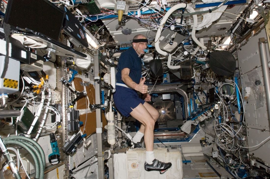 Astronaut Don Pettit participates in endurance exercise during his mission in 2012. Credit - NASA