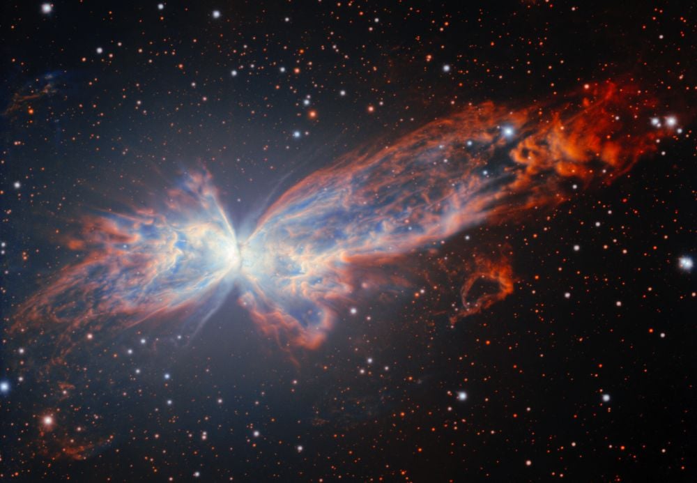 The Butterfly Nebula dazzles the eye with its intricate interplay of form and colour. The Gemini South Observatory captured this image of the nebula from its perch on Cerro Pachón in the Chilean Andes. Students in Chile selected the nebula for Gemini to image as a celebration of its 25 years in service. Image Credit: International Gemini Observatory/NOIRLab/NSF/AURA. Image Processing: J. Miller & M. Rodriguez (International Gemini Observatory/NSF NOIRLab), T.A. Rector (University of Alaska Anchorage/NSF NOIRLab), M. Zamani (NSF NOIRLab)