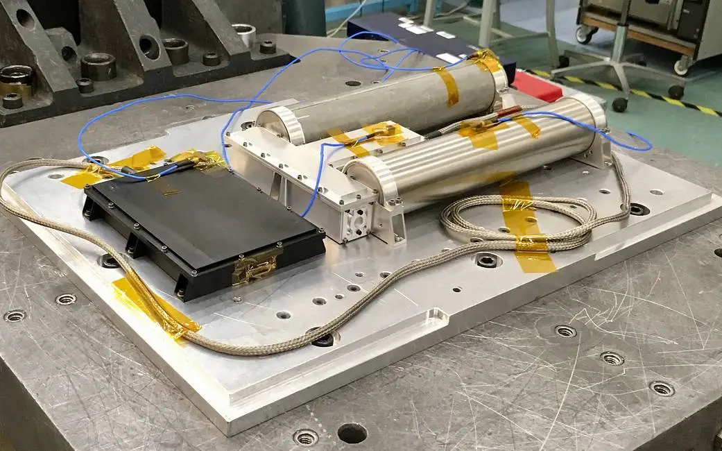 Components of the Neutron Spectrometer System undergo testing on the vibration table (Credit : NASA)