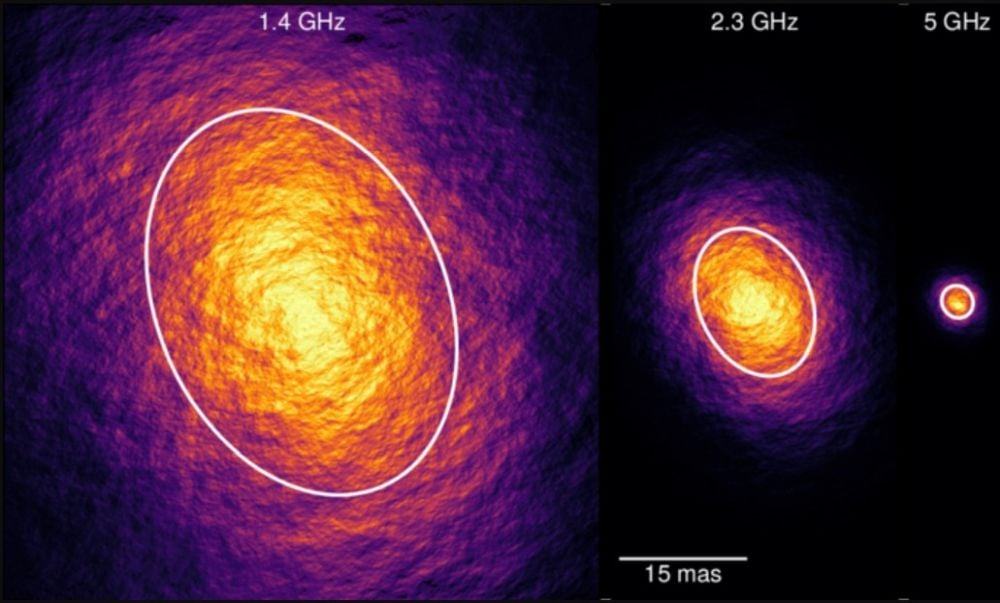 This image from the research shows the simulated scattering of TXS 2005+403 using parameters that are consistent with the researchers' observations. It's a single realization of the scattered image of TXS 2005+403 at 1.8, 2.3, and 5 GHz. It shows the large-scale broadening from nearer the source, and the fine-scale refractive substructure from turbulence in the Milky Way's ISM. Image Credit: Plavin et al. 2026. ApJL