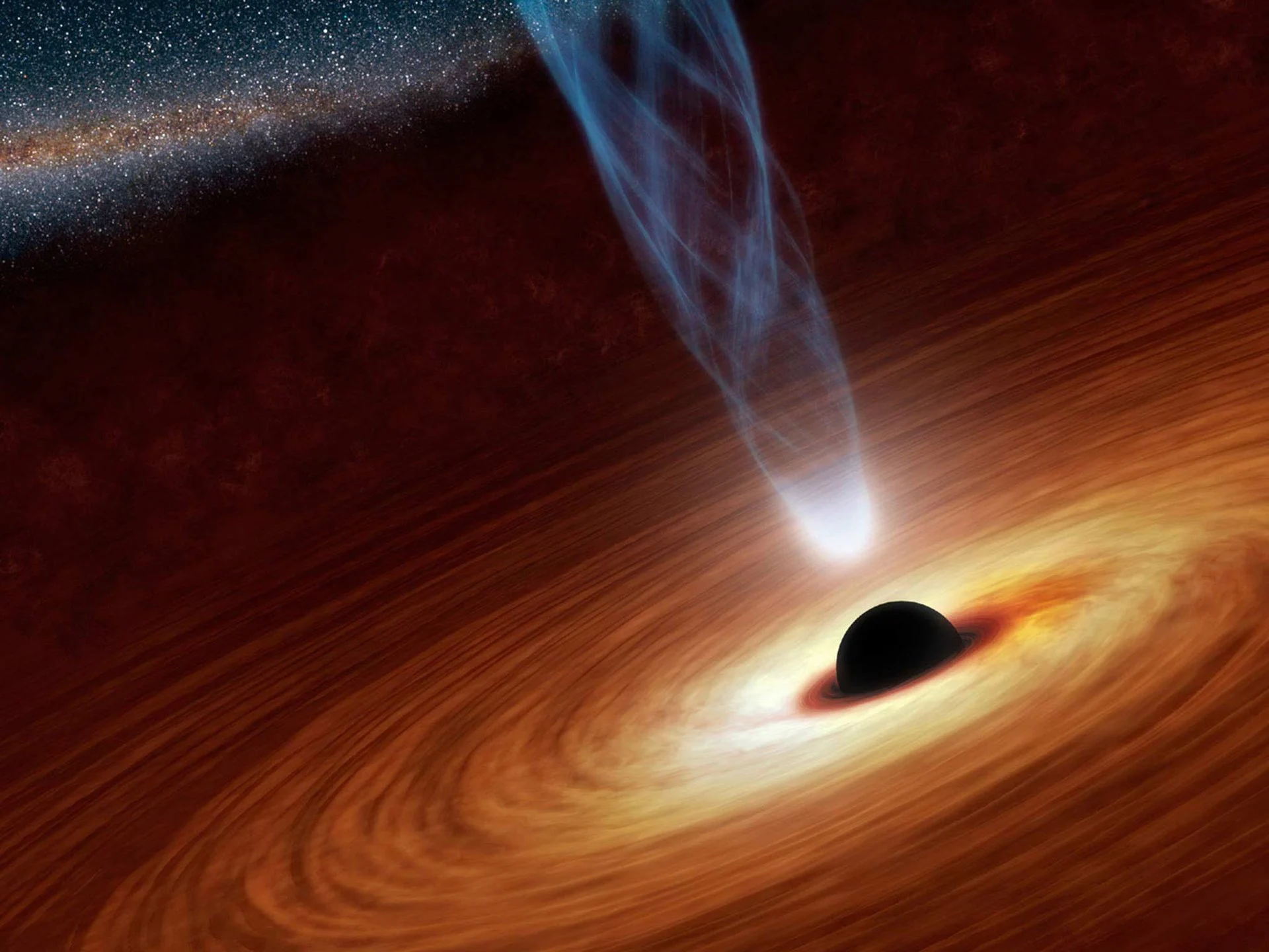Artist's impression of a relativistic jet extending from a supermassive black hole at the center of a galaxy. Credit: NASA/JPL-Caltech