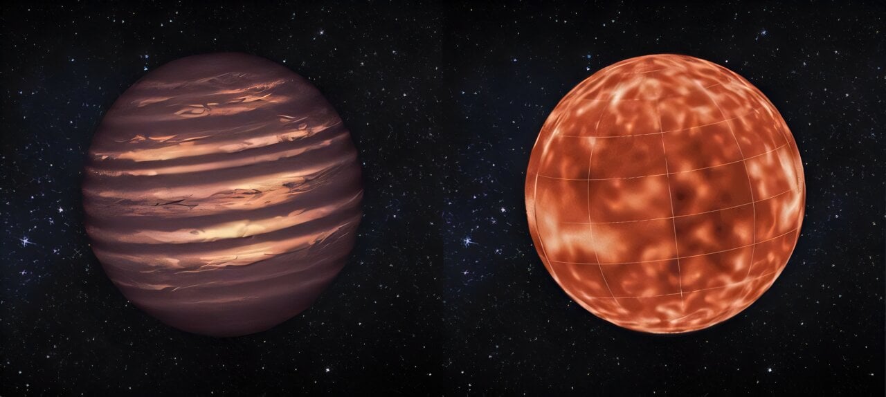 The typical artistic view of a Jupiter-like world (left) compared to a look based on new research (right). Credit: NASA/JPL-Caltech