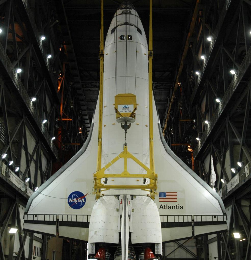 Atlantis suspended in the Vehicle Assembly Building during the shuttle era. Image credit: NASA