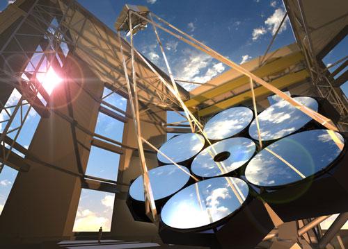 The Giant Magellan Telescope will have seven 8.4m mirrors with the power of a 24.5m mirror. The GMT will use six laser guide stars. Image Credit: GMT Consortium