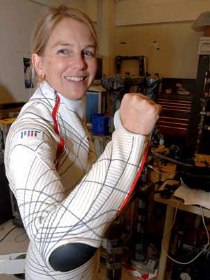 Dava Newman wearing the biosuit. Image credit: Donna Coveney