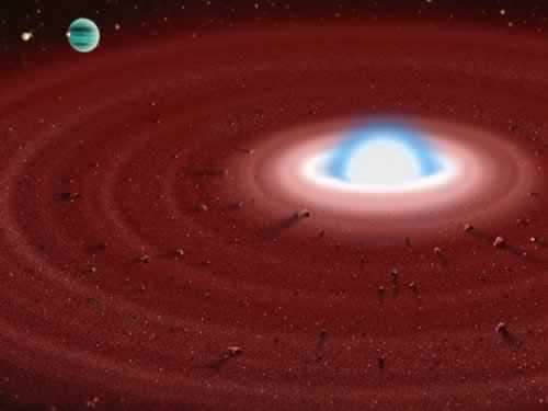 Artist impression of a disk of material around a white dwarf star. Surviving planets would leave a signature in the disk. Image credit: Gemini Observatory