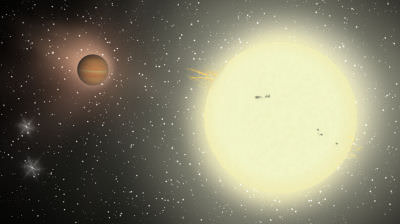The extrasolar planet TrES-4b orbits a star in Hercules that lies about 1,660 light-years away. There's a binary companion in the system, as well. This is one system studied in the Rice team's research for binary system orbital alignments with planets. Artist's impression, credit: Lowell Observatory. 
