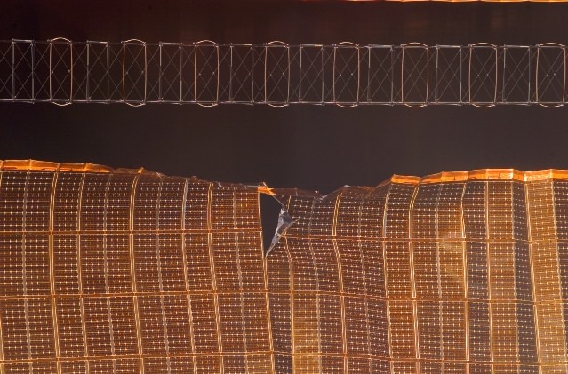 A view of the damaged P6 4B solar panel on the ISS. Image credit: NASA