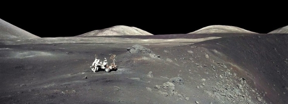 The Apollo 17 crew roving over the lunar landscape in 1972, the last manned mission to the Moon (Credit:NASA)