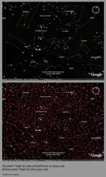 Two screenshots. Looking up toward the constellation of Leo. One screen with and one without the positions of space debris.