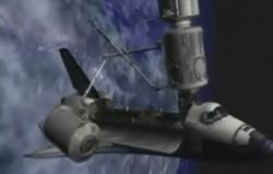 An animation still of the Columbus being unpacked from the shuttle (Credit: BBC)