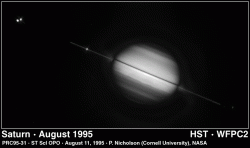 Hubble Space Telescope observation of the side-on view of Saturn's rings during the last ring plane crossing in 1995 (credit: NASA/HST)