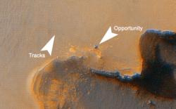 Tracks from Opportunity are clearly seen from orbit by the HiRISE camera (credit: NASA)