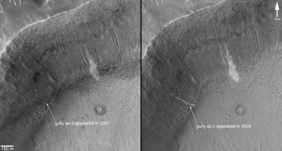 Before and after pictures by MOC of a gully inside a crater (credit: NASA/JPL)